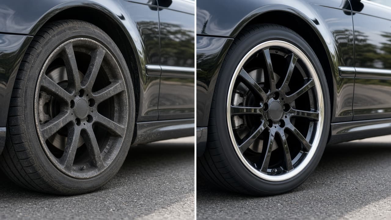 Restored multi-spoke alloy wheel with polished lip
