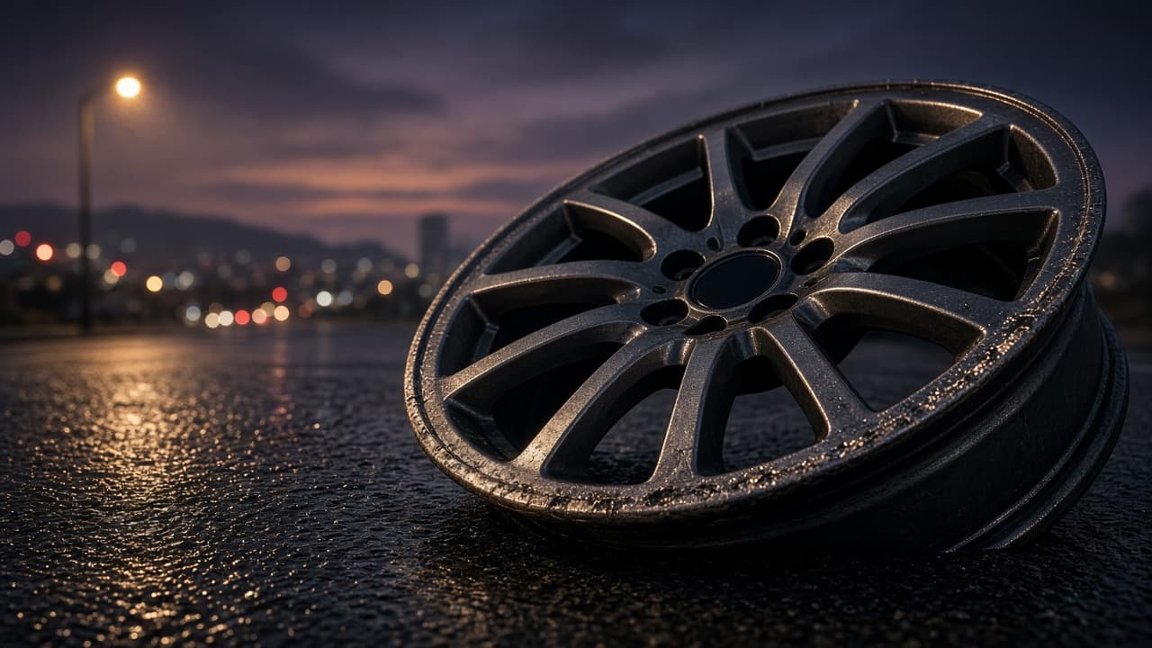 Close-up of curb-damaged rim edge and tire bead risk