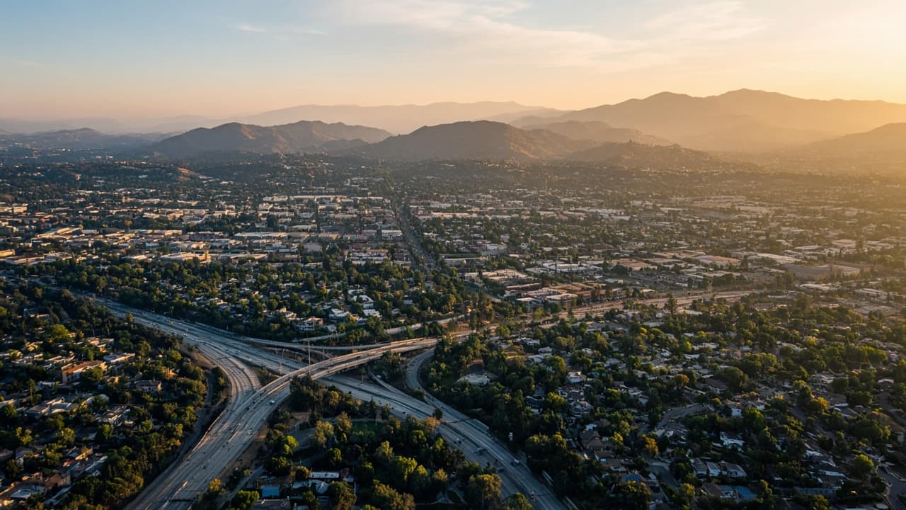 Golden hour view over Pasadena, Glendale, and the San Gabriel Valley
